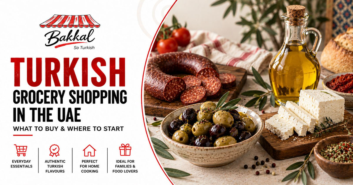 Turkish grocery shopping in the UAE: sucuk, olives, white cheese and olive oil