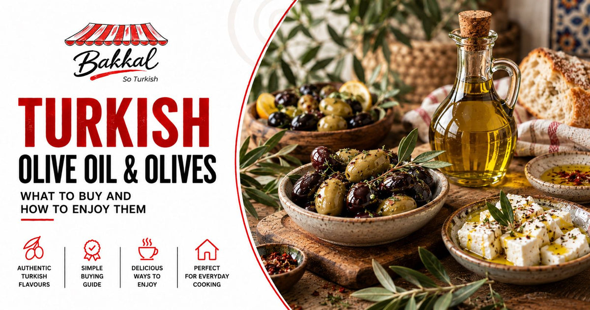 Turkish extra virgin olive oil with bowls of black and green olives