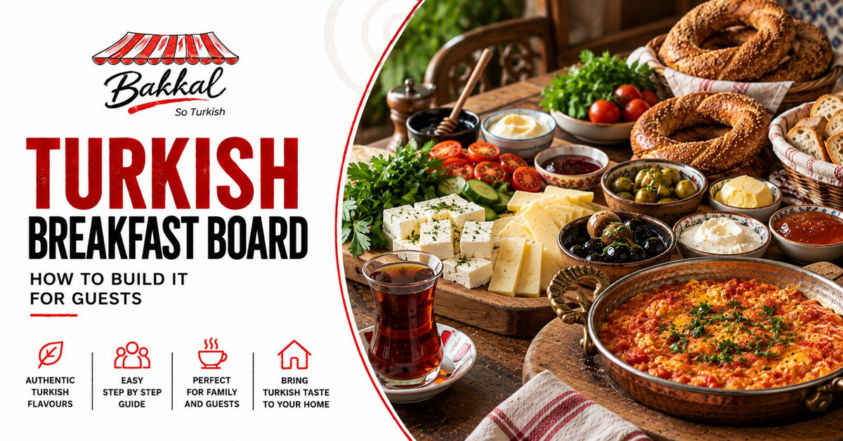 Turkish breakfast board with cheese, olives, simit, menemen and tea