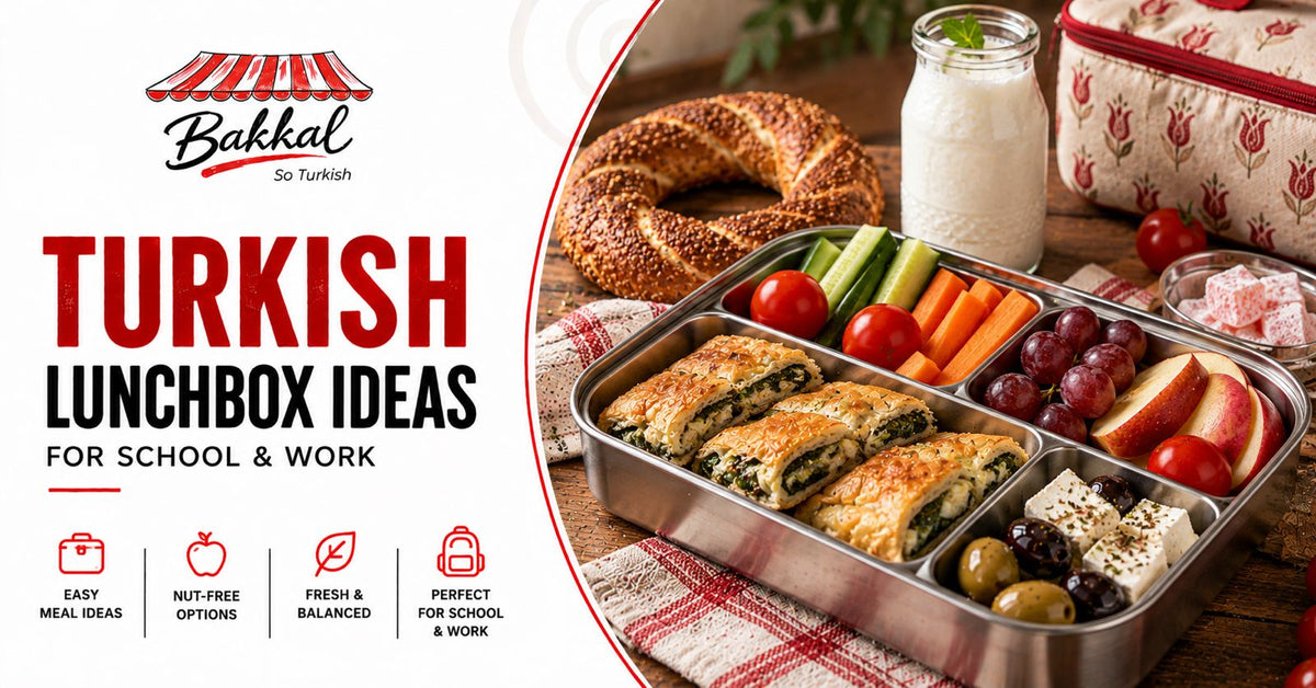 Turkish lunchbox with börek, simit, cheese, olives and fresh fruit