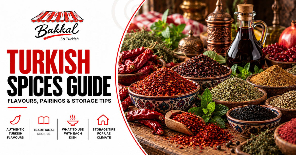 Turkish spices including pul biber, isot, cumin and dried mint in bowls