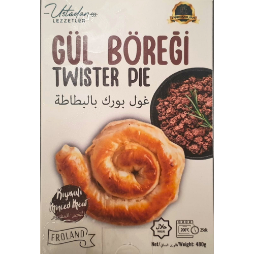 Box of Froland Gul Boregi Twister Pie with visual of pie and minced meat, featuring brand logos.