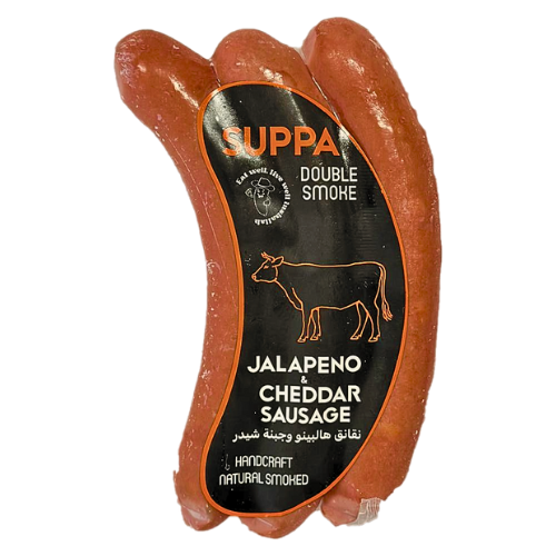 Suppa Double Smoke Jalapeno Cheddar Sausage packaging on a white background