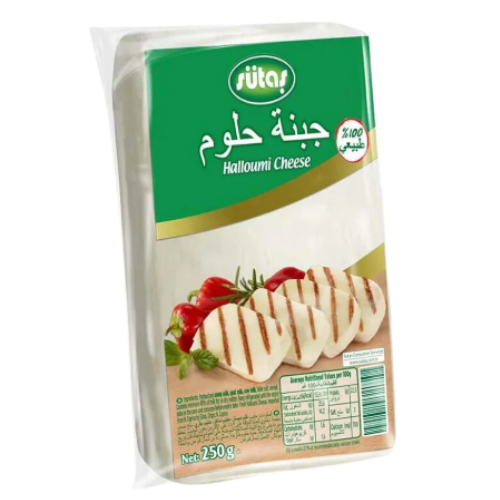 Halloumi Block Cheese packaging with green label and image of cheese on a white background