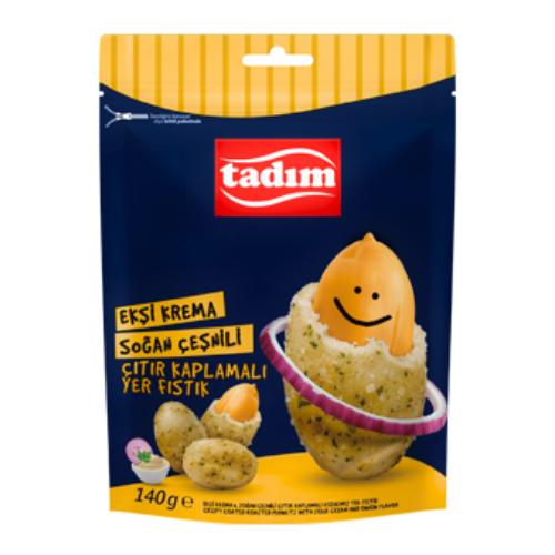 Tadim peanuts covered with onion and sour cream snack package with a smiling snack and text on a white background