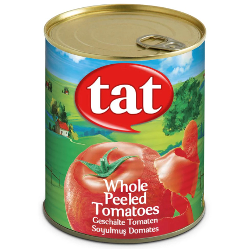 Can of Tat whole peeled tomatoes with a colorful label