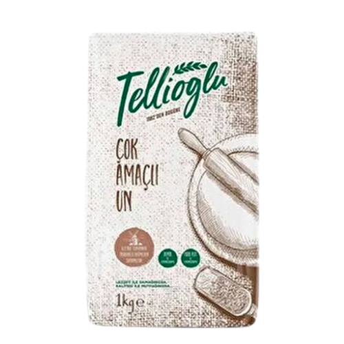 Tellioglu flour packaging with a white background