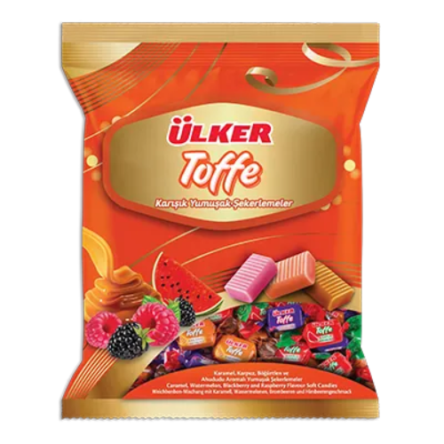 Ulker Toffe candy package with colorful candies on a white background