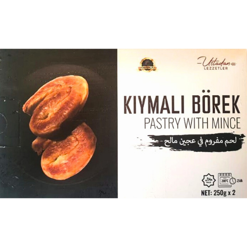 Packaging of Kiymalı Börek pastry with mince on a white background