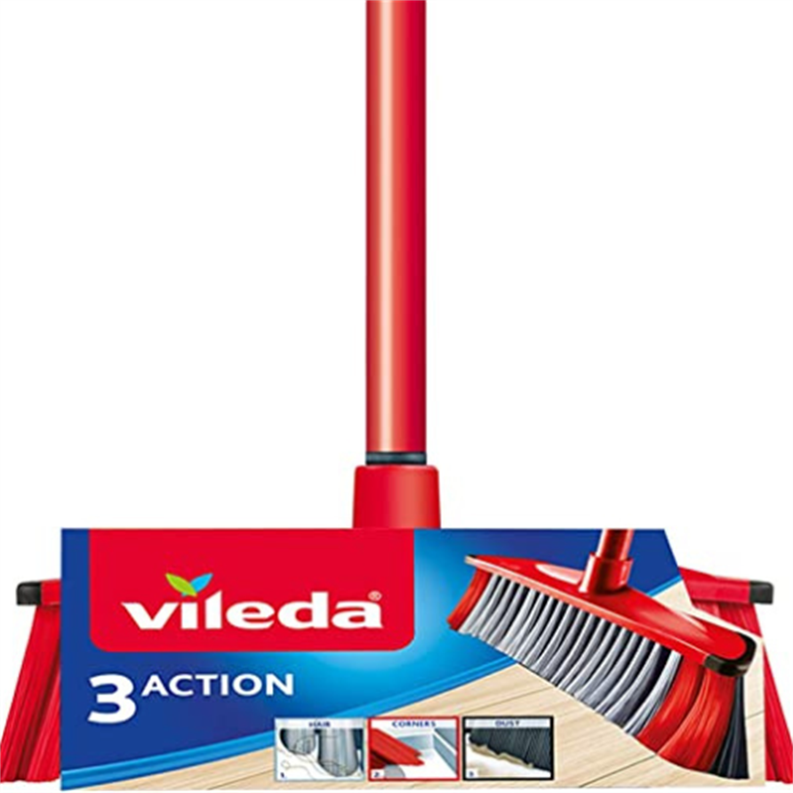Red Vileda broom and dustpan set on a white background