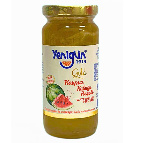 Jar of Yenigun 1914 Gold watermelon peel jam on a white background