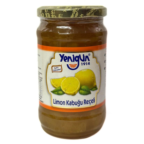 Jar of Yenigun lemon marmalade on a white background