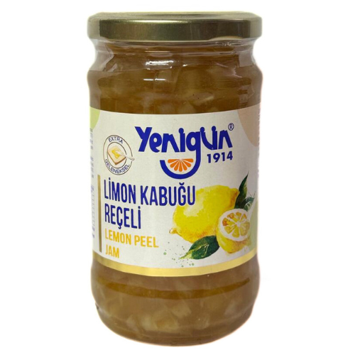 Jar of Yenigun lemon peel jam on a white background