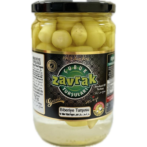 Jar of Zavrak pickled peppers on a white background
