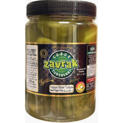 Jar of pickles with Zavrak label on a white background